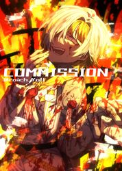  1girl ascot blonde_hair blood blood_on_clothes collared_shirt cowboy_shot fire gauntlets half-closed_eyes highres kromer_(project_moon) limbus_company looking_at_viewer nail open_mouth pmchell_04 project_moon shirt smile solo talisman wax_seal white_ascot white_shirt 