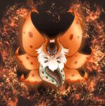  animal_focus artist_name blue_eyes bug commentary_request embers full_body highres looking_at_viewer moth no_humans pokemon pokemon_(creature) soezy solo volcarona white_fur 