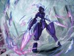  arm_blade armor aura blue_fire bright_pupils ceruledge city commentary_request fire flaming_eyes highres outdoors pink_fire pokemon pokemon_(creature) purple_fire violet_eyes w0ch1en weapon white_pupils 