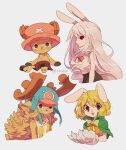  1boy 1girl alternate_form antlers blonde_hair bow bowtie cape carrot_(one_piece) commentary cross full_body green_cape hat highres horns long_hair looking_ahead looking_at_viewer multiple_views one_piece pink_bow pink_hat profile rabbit_girl red_eyes reindeer_antlers shirt short_hair shorts simple_background sitting sleeveless sleeveless_shirt smile sulong_form tokuura tony_tony_chopper twitter_username upper_body very_long_hair white_background white_hair 
