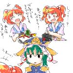  2girls bento blue_hat commentary_request food green_hair hair_bobbles hair_ornament hat looking_at_another multiple_girls onozuka_komachi open_mouth red_eyes redhead shiki_eiki simple_background touhou translation_request two_side_up white_background yaise 