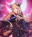  1girl animal_ear_fluff animal_ears arknights armor ascot black_cape black_dress blemishine_(arknights) blemishine_(moon_catastrborn)_(arknights) blonde_hair blurry blurry_background cape commentary dress full_moon gauntlets hair_ornament half-closed_eyes horse_ears horse_girl horse_tail looking_at_viewer moon official_alternate_costume red_eyes red_sky ryuuzaki_ichi sky smile smirk solo sword tail weapon white_ascot 