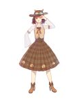  1girl ;t arm_belt bad_bcy_id bad_id bell belt blunt_bangs boots bow bowtie brown_belt brown_bow brown_bowtie brown_footwear brown_hair brown_hat brown_skirt brown_vest buttons chinese_commentary closed_mouth commentary_request full_body hand_on_own_head hat high-waist_skirt high_heel_boots high_heels jianxia_qingyuan_(series) jianxia_qingyuan_online_3 light_blush light_particles long_sleeves medium_skirt one_eye_closed owl_hat plaid_clothes plaid_skirt pleated_skirt pout shirt short_hair simple_background skirt solo standing stiletto_heels straight-on tachi-e vest violet_eyes white_background white_shirt xiaoai_aira 