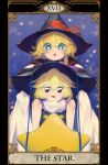  2girls :3 beji-kun black_capelet black_eyes black_gloves blonde_hair blue_eyes blush_stickers bow braid bright_pupils buttons capelet chestnut_mouth commentary_request cookie_(touhou) gloves hair_bow hat hat_bow highres kirisame_marisa looking_at_viewer meguru_(cookie) multiple_girls open_mouth purple_bow red_bow scarf short_hair single_braid smile star_(symbol) tarot tarot_(medium) the_star_(tarot) thick_eyebrows touhou upper_body white_pupils white_scarf witch_hat yuuhi_(cookie) 