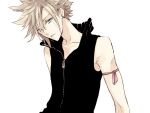  1boy arm_ribbon bad_source bisukorokoro black_vest blonde_hair blue_eyes cloud_strife earrings final_fantasy final_fantasy_vii final_fantasy_vii_advent_children head_tilt high_collar jewelry looking_at_viewer male_focus no_armor pink_ribbon ribbon short_hair simple_background sleeveless solo spiky_hair stud_earrings third-party_source upper_body vest white_background 