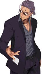  1boy belt business_card duryodhana_(fate) earrings facial_hair fate/grand_order fate_(series) goatee hair_slicked_back highres jewelry male_focus pako_(pakosun) purple_hair smile suit sunglasses violet_eyes white_background 