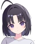  1girl :o absurdres artist_name awa_subaru black_hair girls_band_cry hair_intakes head_tilt highres looking_at_viewer official_alternate_hair_length official_alternate_hairstyle omochi_tabeyo97 open_mouth parted_bangs shirt short_hair simple_background solo upper_body violet_eyes white_background white_shirt 
