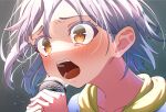  1girl absurdres bang_dream! bang_dream!_it&#039;s_mygo!!!!! blush close-up grey_background grey_hair highres holding holding_microphone microphone music open_mouth orange_eyes short_hair shouting singing solo takamatsu_tomori tonbo_picture upper_body 