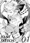  1boy armor armored_boots boots english_text granblue_fantasy greyscale higashigunkan holding holding_weapon incoming_attack looking_at_viewer male_focus monochrome open_mouth pants pauldrons short_hair shoulder_armor single_pauldron solo translation_request vane_(granblue_fantasy) weapon 
