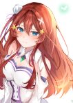  1girl absurdres blue_eyes blush breasts closed_mouth clothing_cutout collared_dress commentary_request cosplay dress embarrassed emilia_(re:zero) emilia_(re:zero)_(cosplay) flower go-toubun_no_hanayome hair_between_eyes hair_flower hair_ornament highres large_breasts long_hair looking_at_viewer nakano_itsuki redhead rose shoulder_cutout simple_background solo star_(symbol) star_hair_ornament suimo_(suimodayo) two-tone_dress white_background white_dress white_flower white_rose 