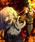 1boy archer_(fate/samurai_remnant) arm_guards arrow_(projectile) blonde_hair bow_(weapon) chinese_clothes dark_background fate/samurai_remnant fate_(series) fire flaming_arrow hair_down hair_ornament holding holding_bow_(weapon) holding_weapon kanaflame long_hair red_hanfu red_robe robe solo tassel tassel_hair_ornament weapon white_hair white_hanfu yellow_eyes 