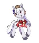  1girl animalization armband blue_bow blunt_bangs bow bowtie collared_shirt ear_bow earmuffs gold_ship_(umamusume) grey_fur headgear long_hair my_little_pony my_little_pony:_friendship_is_magic no_humans pillbox_hat red_armband red_bow red_bowtie red_eyes red_shirt shirt smile solo umamusume white_hair white_tail zzekzzek 