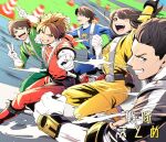  1girl 4boys animification black_bodysuit blue_bodysuit bodysuit brown_hair double_v energy_gun engine_sentai_go-onger esumi_sousuke gloves go-on_black go-on_blue go-on_green go-on_red go-on_yellow green_bodysuit ishihara_gunpei jou_hanto kousaka_renn long_hair motion_blur multiple_boys number_print one_eye_closed pointing pointing_at_viewer print_bodysuit red_bodysuit royama_saki running short_hair skirt spiky_hair super_sentai t_k_g tokusatsu v weapon white_gloves yellow_bodysuit yellow_skirt 