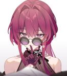  1girl alternate_costume alternate_hairstyle close-up finger_to_mouth gloves honkai:_star_rail honkai_(series) kafka_(honkai:_star_rail) long_hair looking_at_viewer purple_gloves purple_hair round_eyewear shushing simple_background smile solo srpzk sunglasses violet_eyes white_background 
