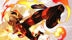  1boy absurdres armor black_bodysuit bodysuit boost_buckle desire_driver driver_(kamen_rider) exhaust_pipe explosion finishing_move fire foreshortening fox_mask gloves glowing glowing_eyes highres kamen_rider kamen_rider_geats kamen_rider_geats_(series) magnum_boost magnum_buckle male_focus mask neng8835738 orange_armor rider_belt rider_kick scarf solo tokusatsu white_armor yellow_eyes 