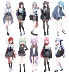  6+girls absurdres ahoge airi_kanna akane_lize animal_ears aokumo_rin arahashi_tabi arm_at_side arm_behind_head arm_up arms_behind_head ayatsuno_yuni backpack bag black_bag black_choker black_footwear black_hair black_jacket black_necktie black_pantyhose black_skirt black_socks black_thighhighs blonde_hair blue_eyes blue_hair blue_necktie blunt_bangs bow bowtie braid brown_hair brown_thighhighs choker closed_mouth collared_shirt colored_inner_hair cone_hair_bun cross-laced_footwear cross-shaped_pupils double_bun dragon_girl dragon_horns extra_ears fang fox_girl fox_tail from_side full_body green_eyes green_hair grey_eyes grey_hair grey_jacket grey_skirt hair_between_eyes hair_bow hair_bun hair_ornament hair_ribbon hairclip hanako_nana hand_in_pocket hand_on_own_hip hand_up hands_up heterochromia highres hood hooded_jacket horns huhi_(huhi_1211) jacket kneehighs loafers long_hair long_sleeves looking_at_viewer medium_hair mole mole_under_eye multicolored_hair multiple_girls necktie neneko_mashiro open_clothes open_jacket open_mouth orange_eyes pantyhose parted_lips pink_hair ponytail purple_footwear purple_hair red_bow red_bowtie red_eyes redhead ribbon sandals school_uniform shirayuki_hina shirt shoes short_hair simple_background single_braid skirt sleeves_rolled_up smile socks socks_over_thighhighs standing stellive streaked_hair symbol-shaped_pupils tail tenko_shibuki thigh-highs twintails two-tone_tail violet_eyes virtual_youtuber white_background white_footwear white_hair white_shirt white_socks yuzuha_riko zettai_ryouiki 