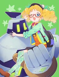  :d ;d aikatsu! aikatsu!_(series) backpack bag beret black_bag black_hat black_skirt blonde_hair blue_eyes booota bow brown_footwear crossover dot_nose glasses golurk green_background green_bow green_jacket green_thighhighs hair_bow hand_up happy hat jacket medium_hair miniskirt ok_sign one_eye_closed open_clothes open_jacket open_mouth orange_shirt pokemon pokemon_(creature) print_shirt red-framed_eyewear saegusa_kii shirt shoes sitting skirt smile star_(symbol) thigh-highs twintails 