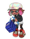  1girl aki_(gsl_9708) baseball_cap black_pants broken bucket fangs flying_sweatdrops full_body grey_eyes hat holding holding_weapon ikki_(gsl_9708) inkling inkling_girl inkling_player_character medium_hair open_mouth pants pink_hair pointy_ears red_footwear shoes short_eyebrows simple_background solo splatoon_(series) splatoon_3 standing sweat tentacle_hair thick_eyebrows torn_clothes torn_pants tri-slosher_(splatoon) wavy_mouth weapon white_background 