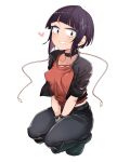  1girl audio_jack black_choker blunt_bangs blush boku_no_hero_academia breasts choker georugu13 heart highres jacket jirou_kyouka long_earlobes looking_at_viewer purple_hair shirt short_hair simple_background smile solo white_background 