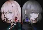  1boy au_(d_elete) black_background blonde_hair blue_eyes earrings fate/grand_order fate_(series) grey_hair jewelry looking_at_viewer multiple_views oberon_(fate) official_alternate_hair_color pale_skin short_hair signature simple_background solo tag 