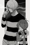  ._. aged_up cigarette dual_persona gegege_no_kitarou greyscale hair_over_one_eye hand_on_another&#039;s_shoulder holding holding_cigarette holding_lighter kitarou lighter male_focus monochrome mt966 one_eye_covered shirt short_hair smoking striped_clothes striped_shirt 