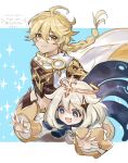  1boy 1girl aether_(genshin_impact) ahoge arm_armor armor arms_up artist_name blonde_hair blue_background blue_eyes blue_scarf border braid brown_shirt cape closed_mouth commentary_request crystal_hair_ornament earrings flying fushitasu genshin_impact gold_trim grey_hair hair_between_eyes hair_ornament halo jewelry long_hair long_sleeves looking_at_viewer looking_to_the_side mechanical_halo open_mouth orange_cape outside_border paimon_(genshin_impact) puffy_long_sleeves puffy_sleeves romper scarf shirt short_hair short_sleeves shoulder_armor simple_background single_earring smile sparkle standing two-sided_cape two-sided_fabric white_border white_cape white_romper white_scarf yellow_eyes 