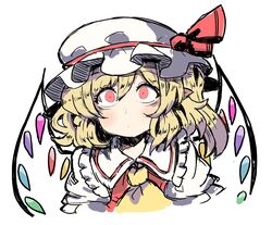  1girl ascot blonde_hair blush commentary crystal_wings flandre_scarlet hat hat_ribbon looking_at_viewer mob_cap notnoe_(dxcl) pointy_ears red_eyes red_ribbon ribbon short_hair simple_background solo touhou upper_body white_background white_hat yellow_ascot 