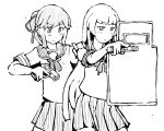  2girls blunt_bangs greyscale gun hair_ribbon handgun kantai_collection long_hair monochrome multiple_girls ponytail ribbon sailor_collar sailor_shirt school_uniform serafuku shield shirakumo_(kancolle) shirt sidelocks task_(s_task80) usugumo_(kancolle) weapon weapon_request 