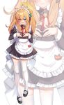  1girl alternate_costume animal_ears apron black_dress black_footwear blue_archive blue_eyes blush carrot_(jetcarrot) cat_ears dress enmaided frilled_apron frills hair_between_eyes halo highres juliet_sleeves long_hair long_sleeves maid maid_apron maid_headdress mari_(blue_archive) multiple_views open_mouth orange_hair puffy_sleeves shoes simple_background smile thigh-highs two_side_up waist_apron white_apron white_background white_thighhighs yellow_halo zoom_layer 