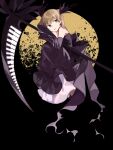  1girl black_dress black_gloves black_ribbon blonde_hair caddy_cyd dress elbow_gloves full_moon gloves green_eyes hair_ribbon head_rest highres holding holding_scythe holding_weapon instrument layered_dress looking_to_the_side maka_albarn moon night night_sky piano piano_keys ribbon scythe sky soul_eater twintails weapon 