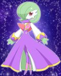  1girl absurdres bob_cut closed_mouth clothed_pokemon colored_skin commentary_request cosplay dress flat_chest full_body gardevoir green_hair green_skin hair_over_one_eye happy highres long_dress long_sleeves looking_at_viewer meru_(mer_milky77) multicolored_skin nights_(character) nights_(character)_(cosplay) nights_into_dreams one_eye_covered outline pantyhose pink_vest pokemon pokemon_(creature) purple_background purple_dress purple_pantyhose raglan_sleeves red_eyes short_hair smile solo sparkle standing star_(symbol) two-tone_skin vest white_outline white_skin white_sleeves yellow_trim 