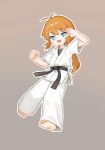  1girl :d absurdres barefoot belt black_belt blue_eyes bright_pupils chinese_commentary commentary_request dot_nose dougi fang feet full_body grey_background highres kuma-bound long_hair looking_at_viewer martial_arts_belt orange_hair original pants salute simple_background smile soles solo toes white_pants white_pupils 