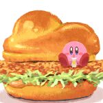  bread burger chicken_(food) cup drinking drinking_straw food food_focus holding holding_cup kirby kirby_(series) lettuce miclot no_humans on_food sauce sitting 