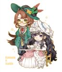  2girls :3 black_footwear brown_hair character_name chibi closed_mouth collared_shirt cup dress feathers flower gloves gown green_eyes green_feathers green_hat green_jacket grey_skirt grey_vest hat hat_feather hat_flower highres holding holding_cup holding_saucer isolde_(reverse:1999) jacket juliet_sleeves kakania_(reverse:1999) kuri_(kurimi73576978) long_dress long_hair long_skirt long_sleeves low_ponytail multiple_girls neck_ribbon on_chair puffy_long_sleeves puffy_sleeves red_ribbon reverse:1999 ribbon saucer semi-rimless_eyewear shirt sitting skirt smile standing sun_hat table teacup under-rim_eyewear vest violet_eyes waistcoat white_background white_dress white_hat white_shirt white_veil yellow-framed_eyewear yellow_gloves 
