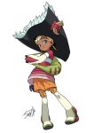  1girl blonde_hair blue_eyes blush_stickers boots chat_(tales) dark-skinned_female dark_skin earrings eyelashes forehead_jewel gloves hat jewelry looking_at_viewer orange_shorts pirate_hat red_shirt shirt short_hair shorts smile standing tales_of_(series) tales_of_eternia tyuga very_short_hair white_background white_gemstone 