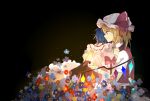  2girls black_background blonde_hair blue_hair claymore1998 crystal_wings flandre_scarlet flower from_side hat hat_ribbon highres hug multiple_girls red_ribbon remilia_scarlet ribbon short_hair siblings simple_background touhou twins white_mob_cap 