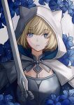  1girl absurdres blonde_hair blue_eyes blue_flower breasts brown_dust_2 chest_armor cloak eyebrows_hidden_by_hair flower hair_between_eyes hair_over_eyes highres holding holding_sword holding_weapon hood hooded_cloak jewelry justia_(brown_dust) looking_at_viewer medium_breasts necklace open_mouth pearl_necklace short_hair small_horns solo sword upper_body user_ejrh4545 weapon 