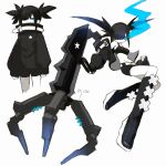  1girl black_footwear black_hair black_jacket black_rock_shooter black_rock_shooter_(character) black_shorts black_tank_top blue_fire boxcutter0 colored_skin fire flaming_eye highres jacket long_hair shorts simple_background solo tank_top twintails weapon white_background white_skin 