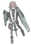  1girl bad_id bad_pixiv_id breasts brown_eyes brown_hair crossbow flat_chest hair_between_eyes headband headgear holding holding_crossbow holding_weapon japanese_clothes kantai_collection long_sleeves pleated_skirt saitou_masatsugu short_hair simple_background skirt small_breasts solo taihou_(kancolle) thigh-highs weapon white_background 