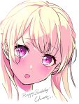  1girl absurdres bang_dream! blonde_hair blush commentary dated half_updo happy_birthday highres long_hair looking_at_viewer nobusawa_osamu open_mouth portrait shirasagi_chisato simple_background solo violet_eyes white_background 