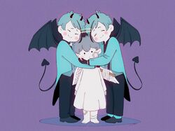  1girl 2boys absurdres angel angel_wings bandaged_wings blue_coat blue_hair brothers coat demon_boy demon_horns demon_tail demon_wings floyd_leech gauze gauze_on_cheek halo highres horns hug jade_leech multiple_boys purple_background short_hair siblings simple_background smile tail twins twisted_wonderland usape0kyun white-robe wings yuu_(twisted_wonderland) 