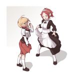  2girls absurdres ahoge aisha_greyrat apron black_corset black_dress black_footwear blonde_hair breasts closed_mouth corset cropped_jacket dress fang from_side green_eyes highres jacket large_breasts looking_at_viewer maid maid_apron maid_headdress medium_hair multiple_girls mushoku_tensei neckerchief norn_greyrat one_eye_closed open_mouth ponytail ranoa_magic_academy_school_uniform red_neckerchief red_skirt redhead sash school_uniform shadow shuwei_(world2012102) siblings sisters skin_fang skirt small_breasts smile socks white_apron white_jacket white_sash white_socks 