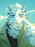  1boy animal_ears arknights blue_sky closed_eyes coat facing_viewer furry furry_male happy highres large_hands male_focus mountain_(arknights) neck_fur octo_poosi pointing pointing_at_self portrait scar scar_across_eye short_hair sky smile solo thick_eyebrows tiger_boy tiger_ears white_hair 