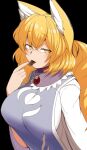  1girl animal_ears black_background blonde_hair breasts chocolate food_in_mouth fox_ears fox_girl fox_tail highres large_breasts looking_at_viewer mizuga short_hair simple_background solo tabard tail touhou upper_body yakumo_ran yellow_eyes 