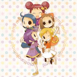 6+girls ahoge arm_up asuka_momoko bike_shorts_under_skirt blonde_hair blue_hair bow braided_hair_rings brown_hair closed_eyes double_bun dress fujiwara_hazuki glasses grin hair_bow hair_bun hair_ornament hairclip harukaze_doremi holding_hands jumping long_hair midriff misaki_(1n1m) multiple_girls musical_note musical_note_hair_ornament navel ojamajo_doremi one_eye_closed open_mouth pants polka_dot polka_dot_background purple_hair redhead round_teeth segawa_onpu senoo_aiko shoes short_hair short_sleeves skirt smile sneakers socks standing standing_on_one_leg suspenders teeth 