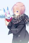  1girl animal black_jacket breasts cup echo_(circa) fate/grand_order fate_(series) fou_(fate) grey_scarf hair_over_one_eye jacket large_breasts long_sleeves mash_kyrielight open_mouth pink_hair scarf short_hair violet_eyes 