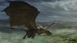  above_clouds absurdres animal_focus claws clouds cloudy_sky day dragon field flying from_side full_body highres horns landscape monster mountainous_horizon no_humans open_mouth original realistic scales scenery signature sky solo sonech tail western_dragon wings wyvern 