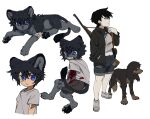  1boy 1girl animal animal_ears black_eyes black_fur black_hair black_jacket blood blood_on_arm blood_on_clothes blue_eyes brown_dog child claws clenched_teeth closed_mouth cub deviidog0 dog english_commentary full_body fur-tipped_tail furry furry_male grey_shirt gun hand_in_pocket hand_up highres injury jacket lion lion_boy lion_ears lion_tail long_sleeves looking_at_viewer looking_to_the_side original rifle scar scar_on_arm shirt short_eyebrows short_hair short_sleeves shorts simple_background standing t-shirt tail teeth torn_clothes torn_shorts weapon white_background 