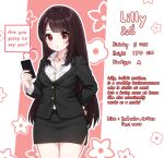  1girl black_jacket black_skirt brown_hair business_suit cellphone character_name comodomodo english_text hair_ornament hairclip hand_on_own_hip highres jacket jewelry lilly_(comodomodo) long_hair necklace office_lady original phone red_eyes shirt skirt skirt_suit smartphone solo suit thighs white_shirt 