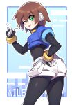  1girl absurdres aile_(mega_man_zx) black_bodysuit blue_jacket blush bodysuit bodysuit_under_clothes brown_hair character_name cropped_jacket from_behind green_eyes hand_on_own_hip highres jacket looking_at_viewer looking_back mega_man_(series) mega_man_zx one_eye_closed robot_ears short_hair shorts shoutaro_saito solo tongue tongue_out white_shorts 